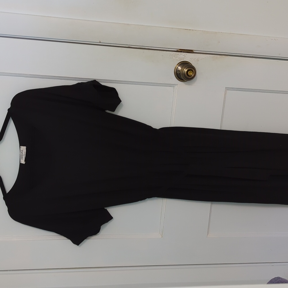 Zenana Sz L Black Short Sleeve Midi Dress with Stretch Waist and Tie
